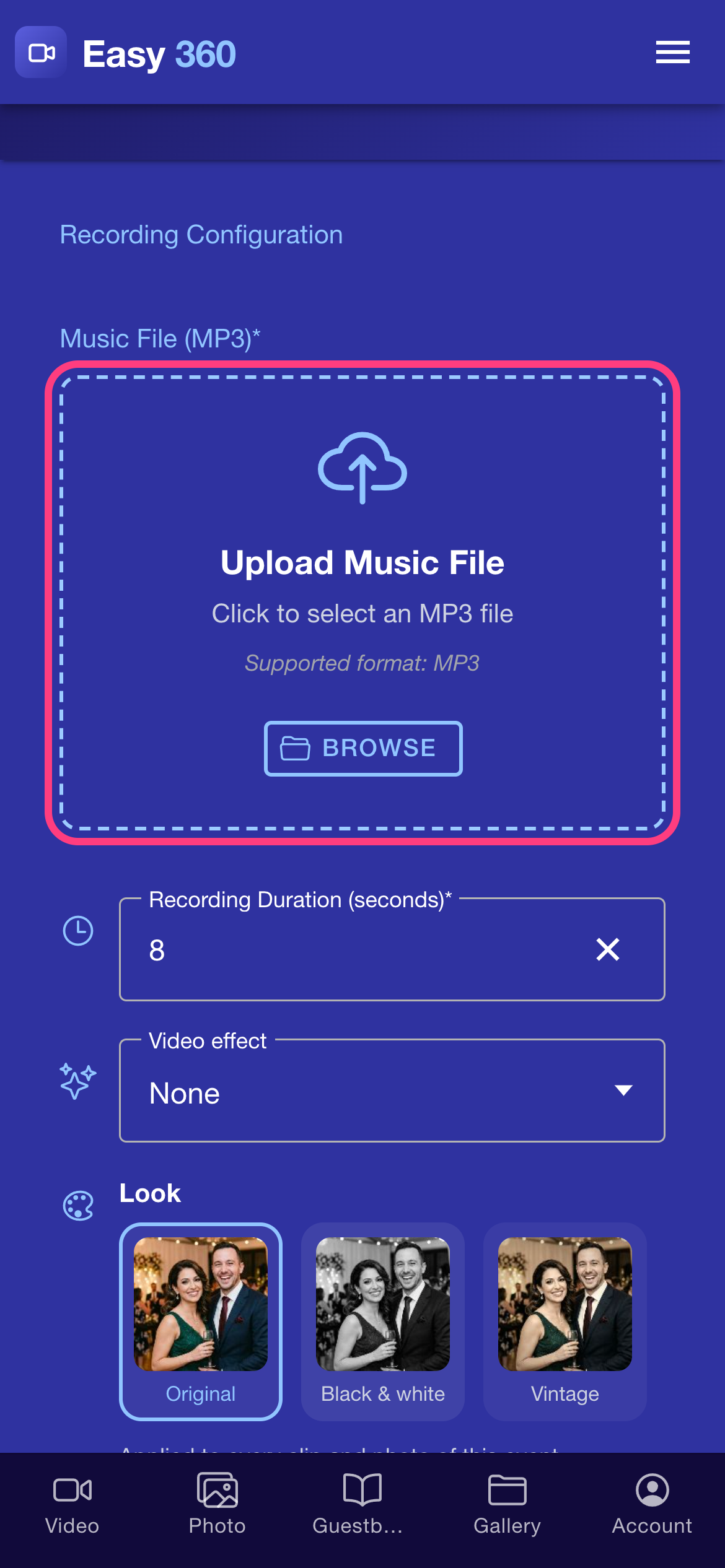 The Recording Configuration section with the Upload Music File area highlighted