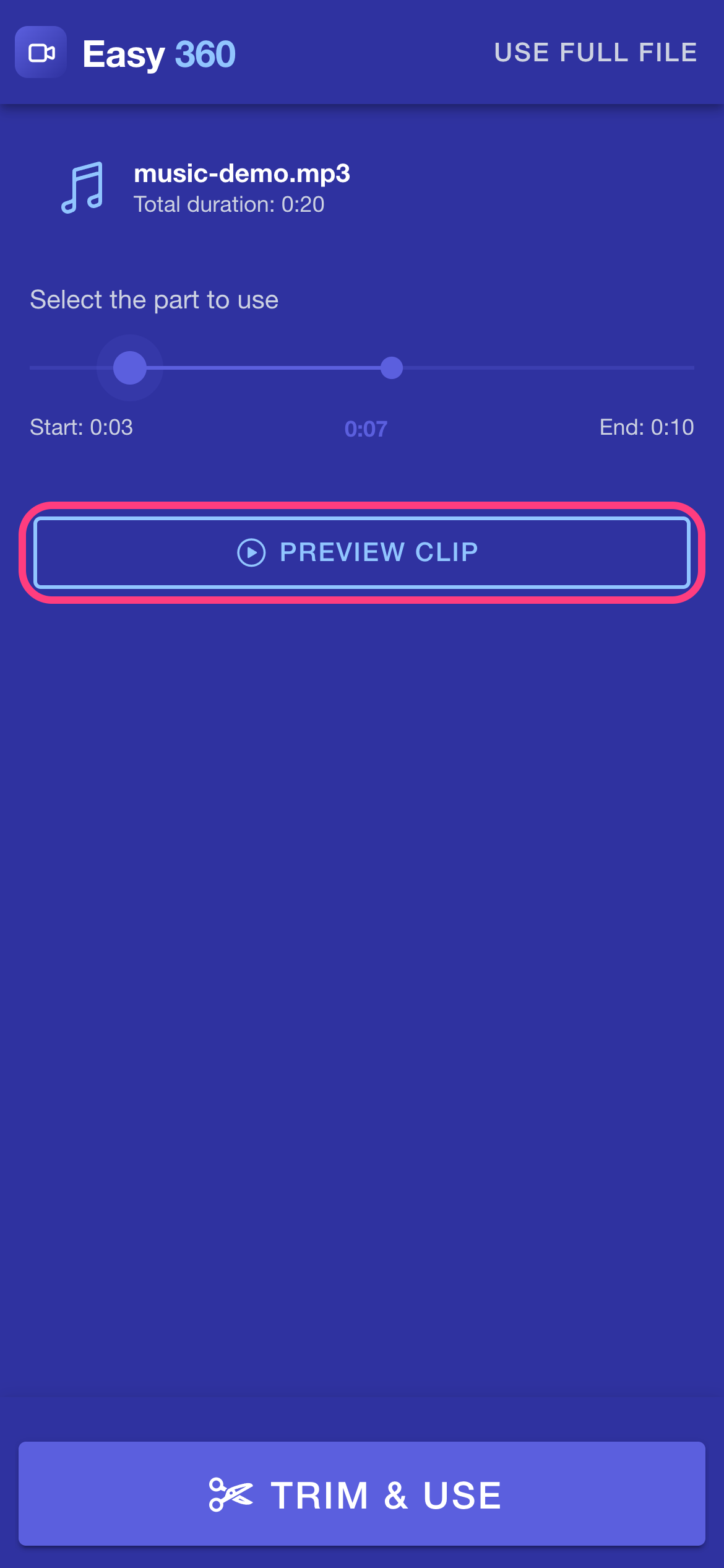 The Trim Music Clip window with the Preview clip button highlighted