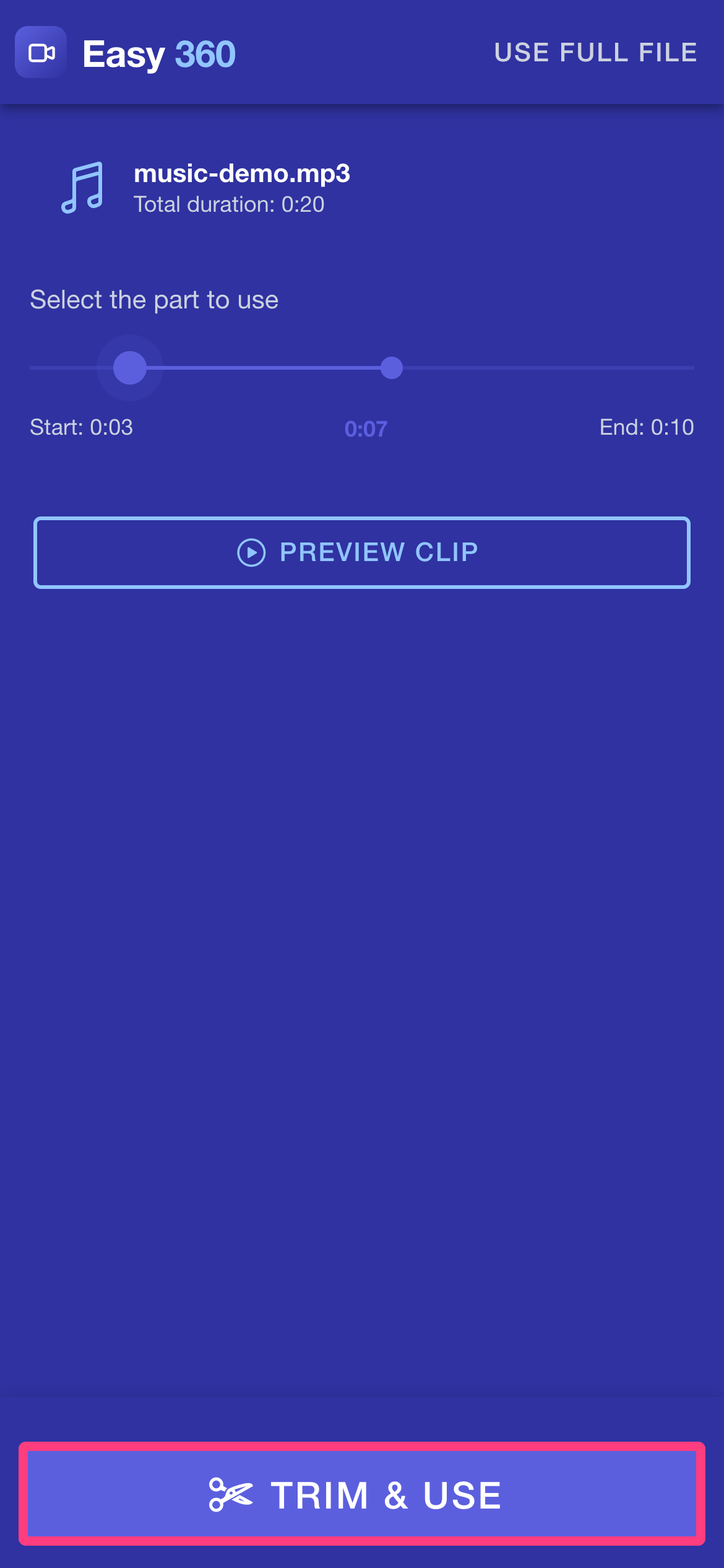 The Trim Music Clip window with the Trim & Use button highlighted