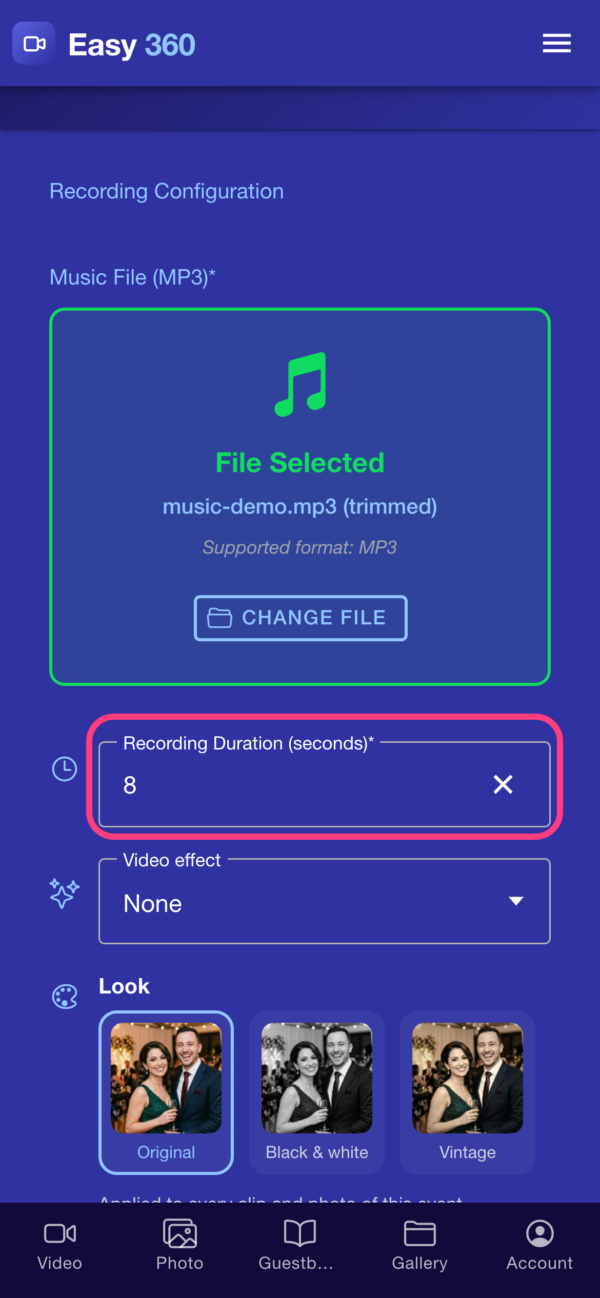 The selected music file with the Change File button, and the Recording Duration field showing 8 highlighted