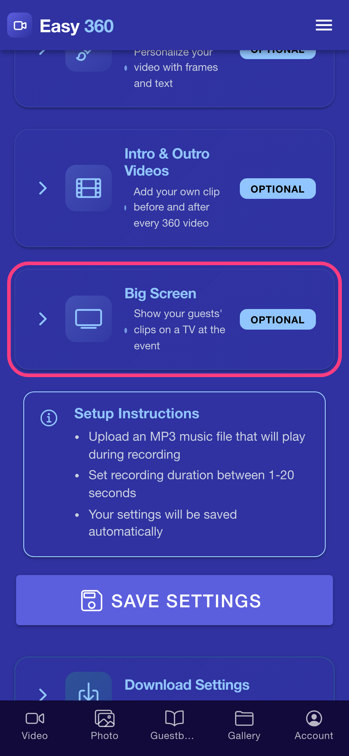The Settings screen with the Big Screen card highlighted