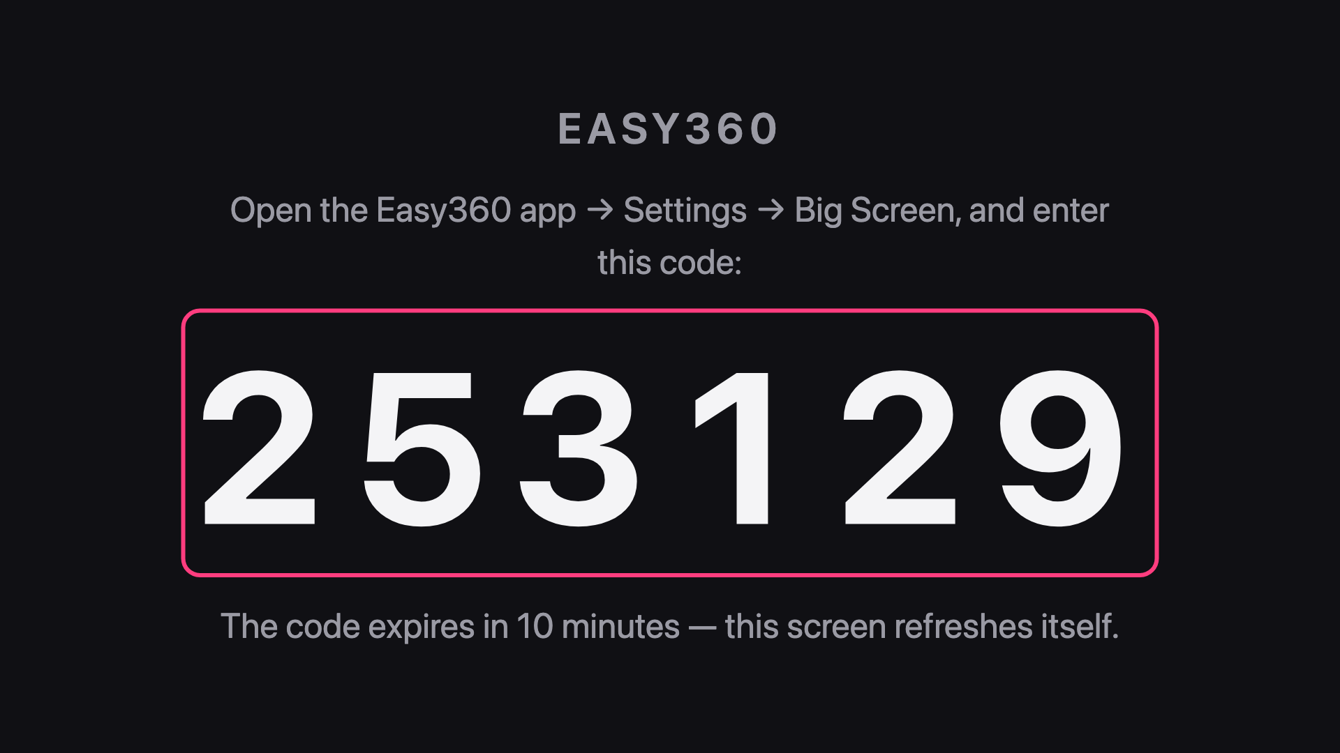 The easy360.net/tv page on a TV screen showing a large 6-digit code, highlighted