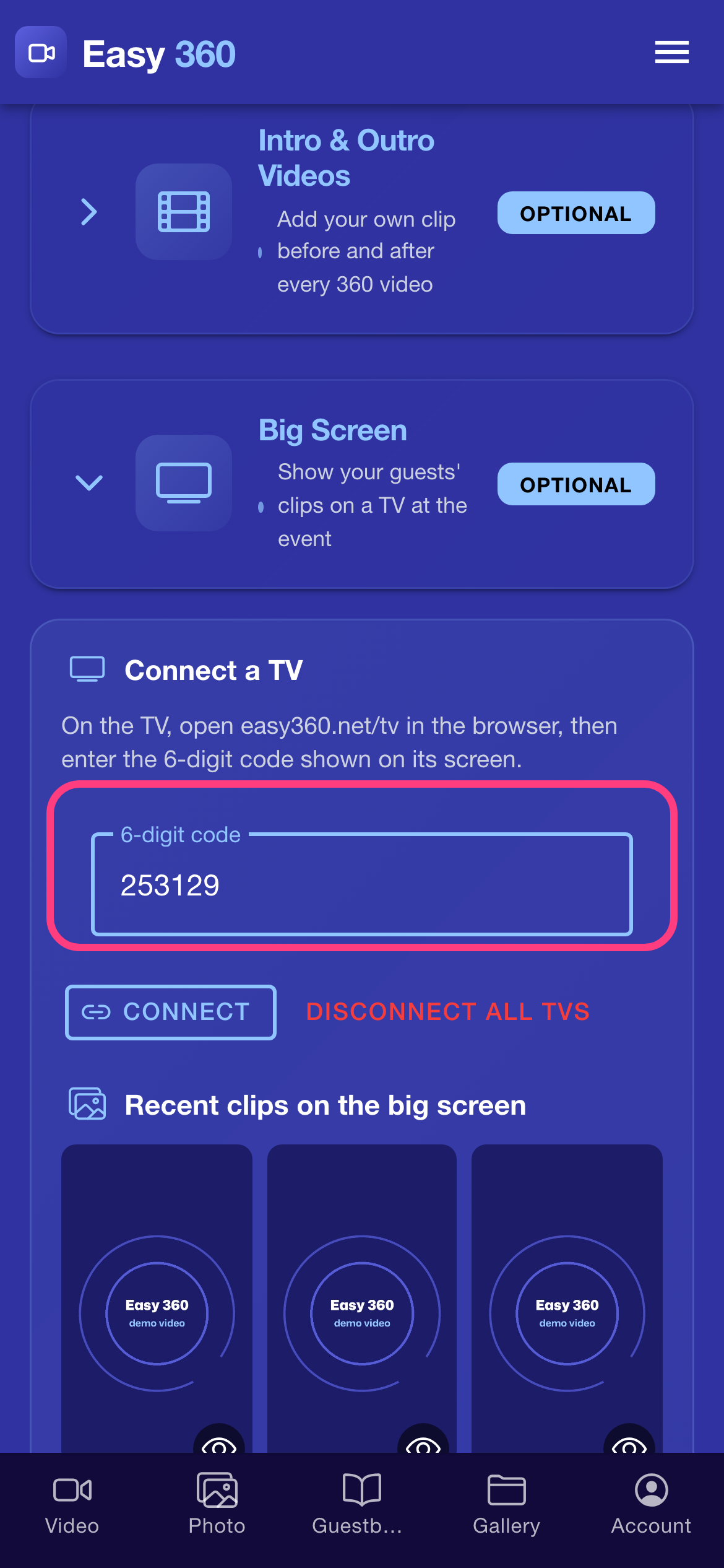 The Connect a TV section with the 6-digit code typed into the field, highlighted