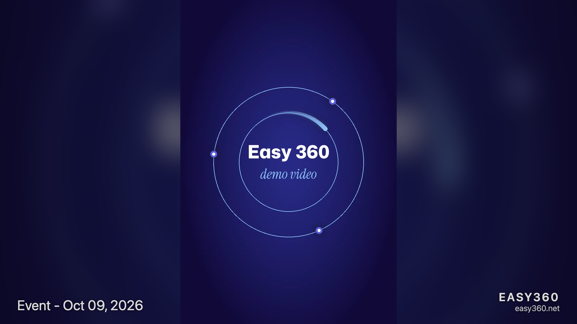 A TV screen playing a 360 clip in the Big Screen slideshow, with the event name in the bottom-left corner