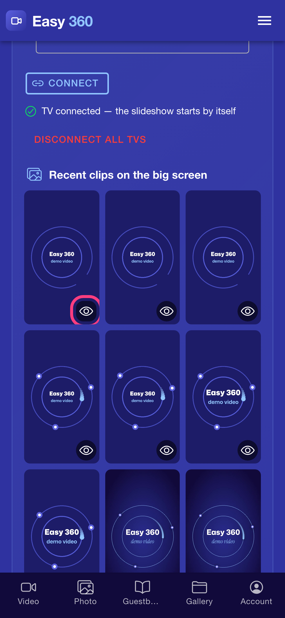 The grid of recent clips with the eye icon on the first clip highlighted