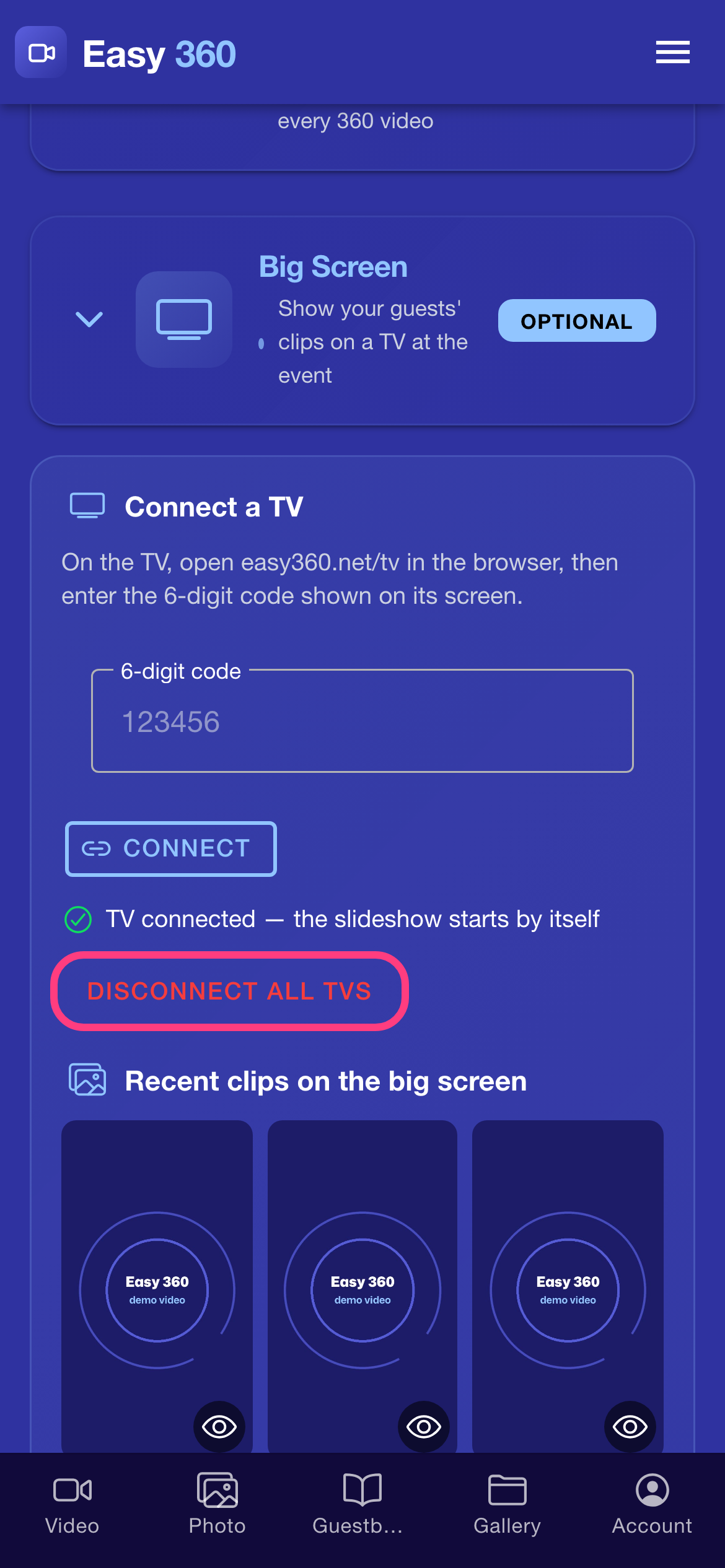 The Disconnect all TVs button highlighted in the Big Screen section