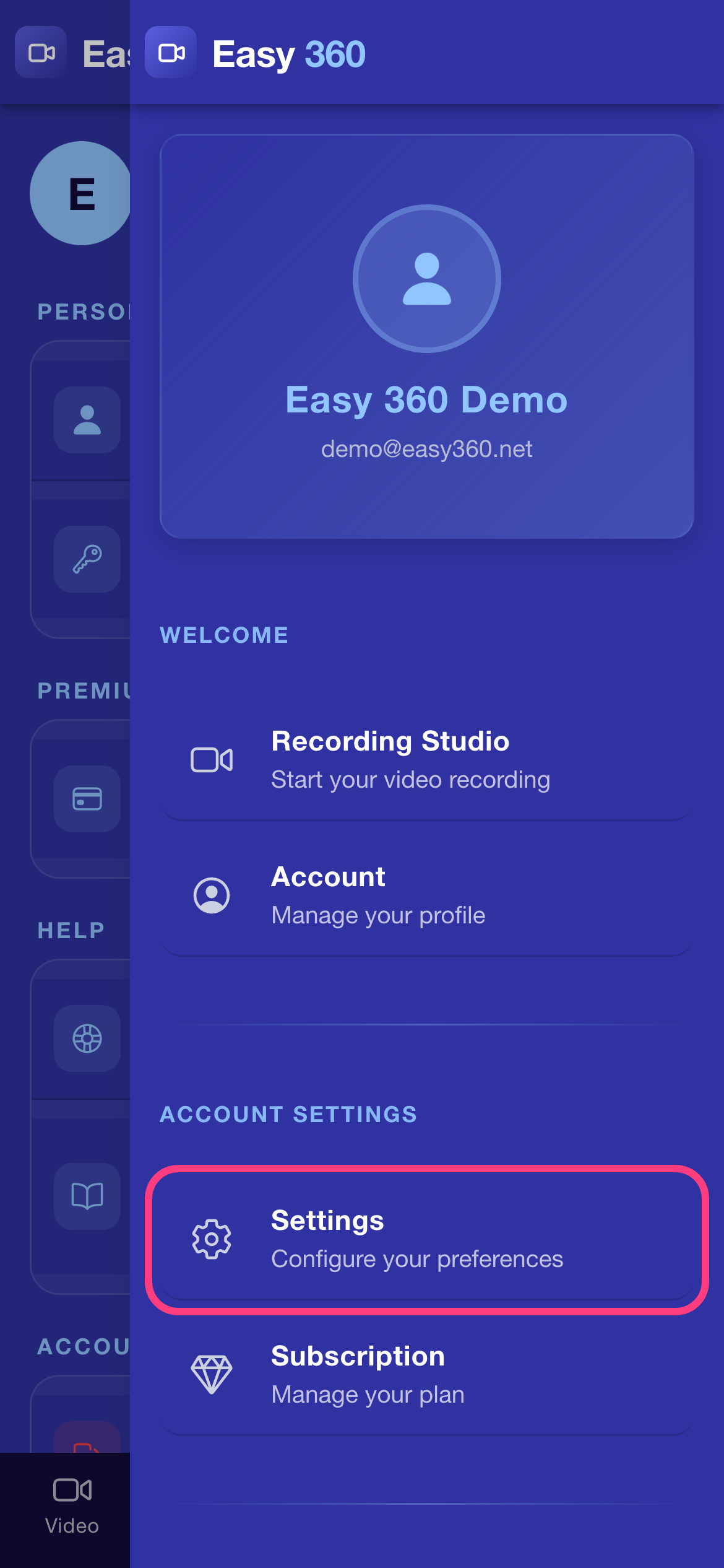 The Easy 360 side menu with the Settings item highlighted