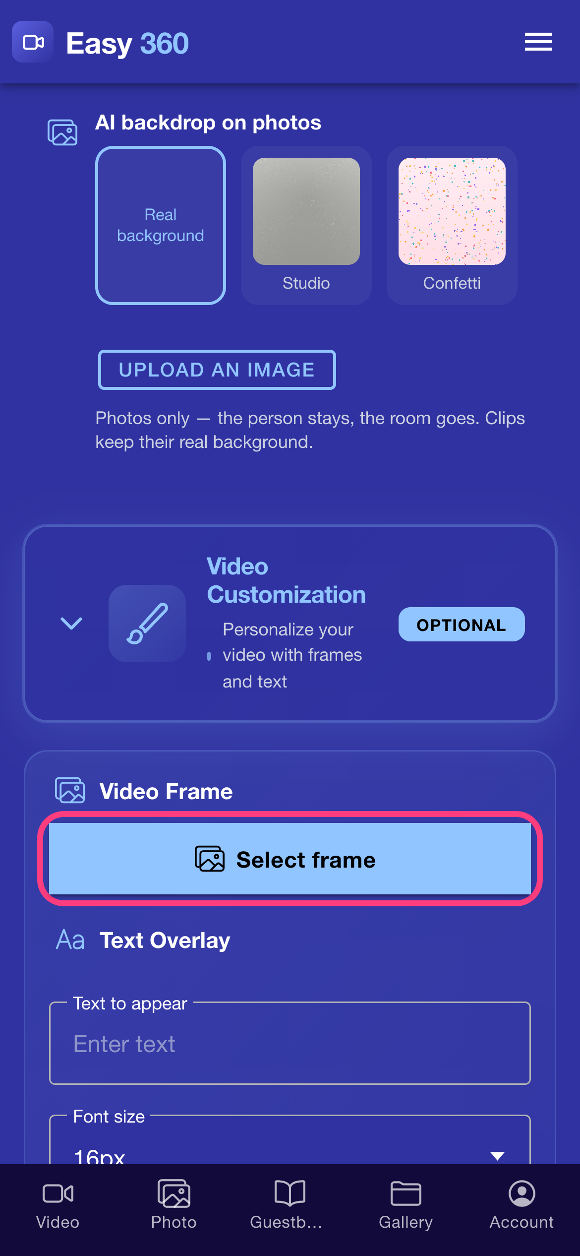 The Video Customization card with the Select frame button highlighted