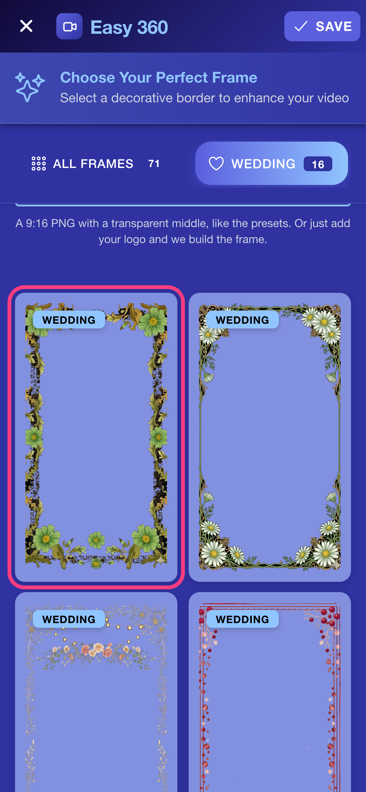 The frame picker filtered to wedding frames with one preset highlighted