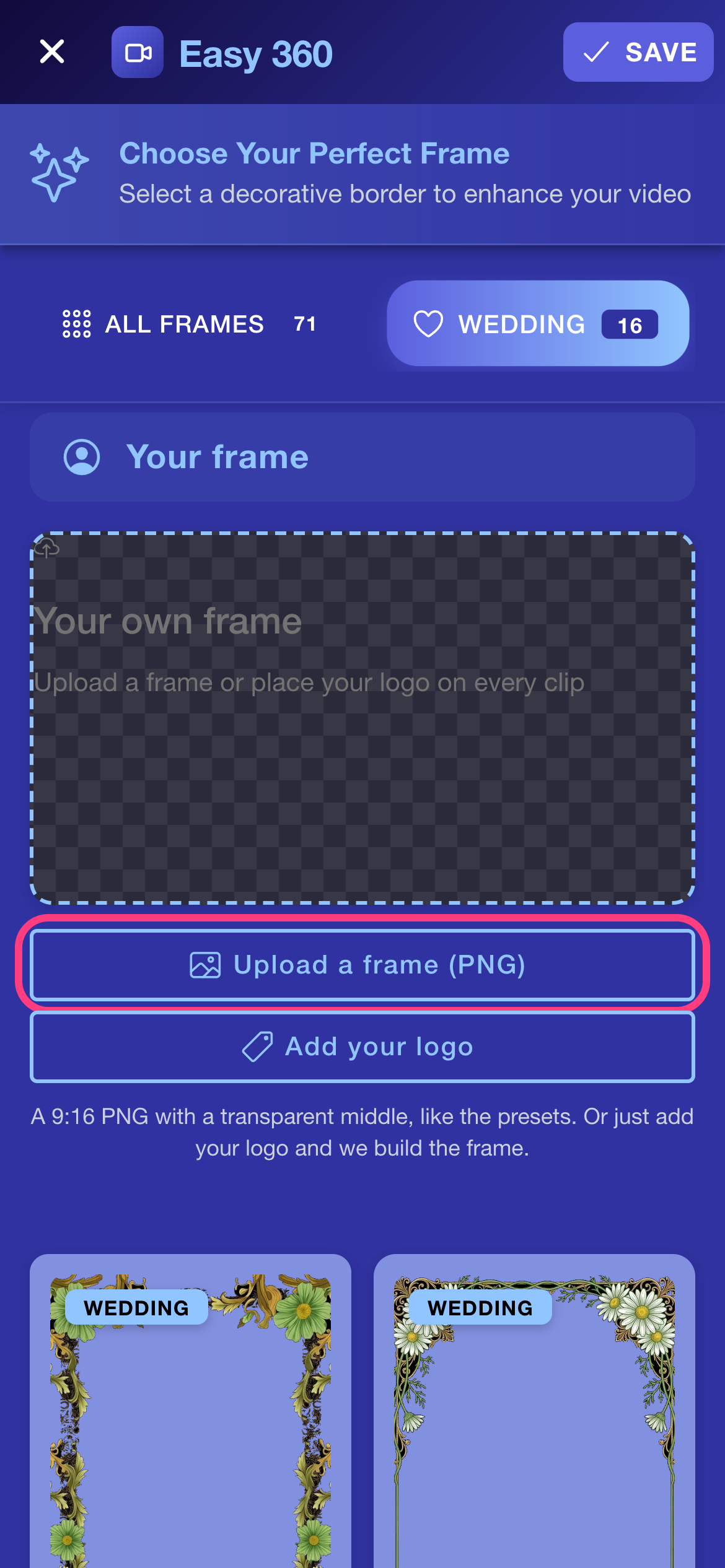 The Your frame section with the Upload a frame button highlighted