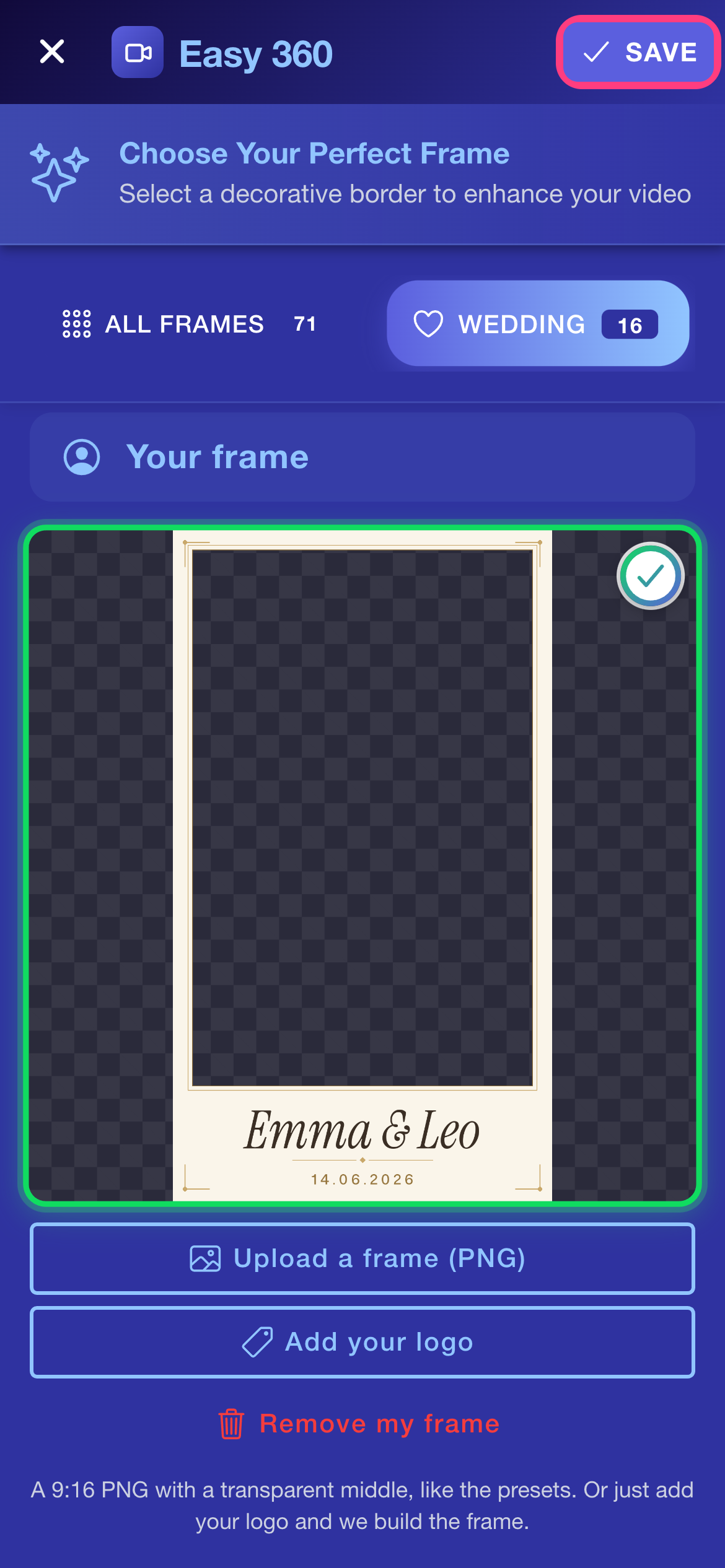 The uploaded wedding frame shown as a preview with the Save button highlighted