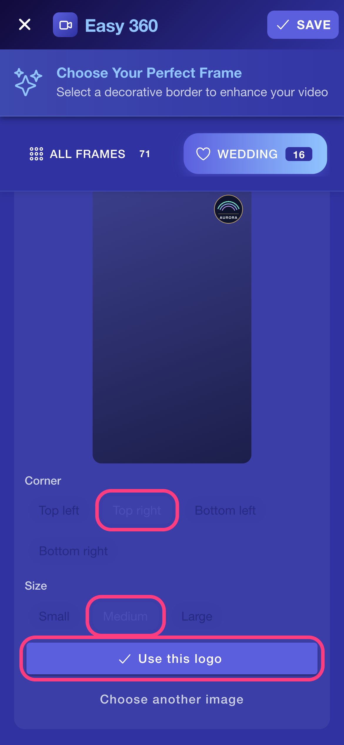 The logo panel with a logo previewed in the top right corner; the chosen Top right and Medium chips and the Use this logo button are highlighted