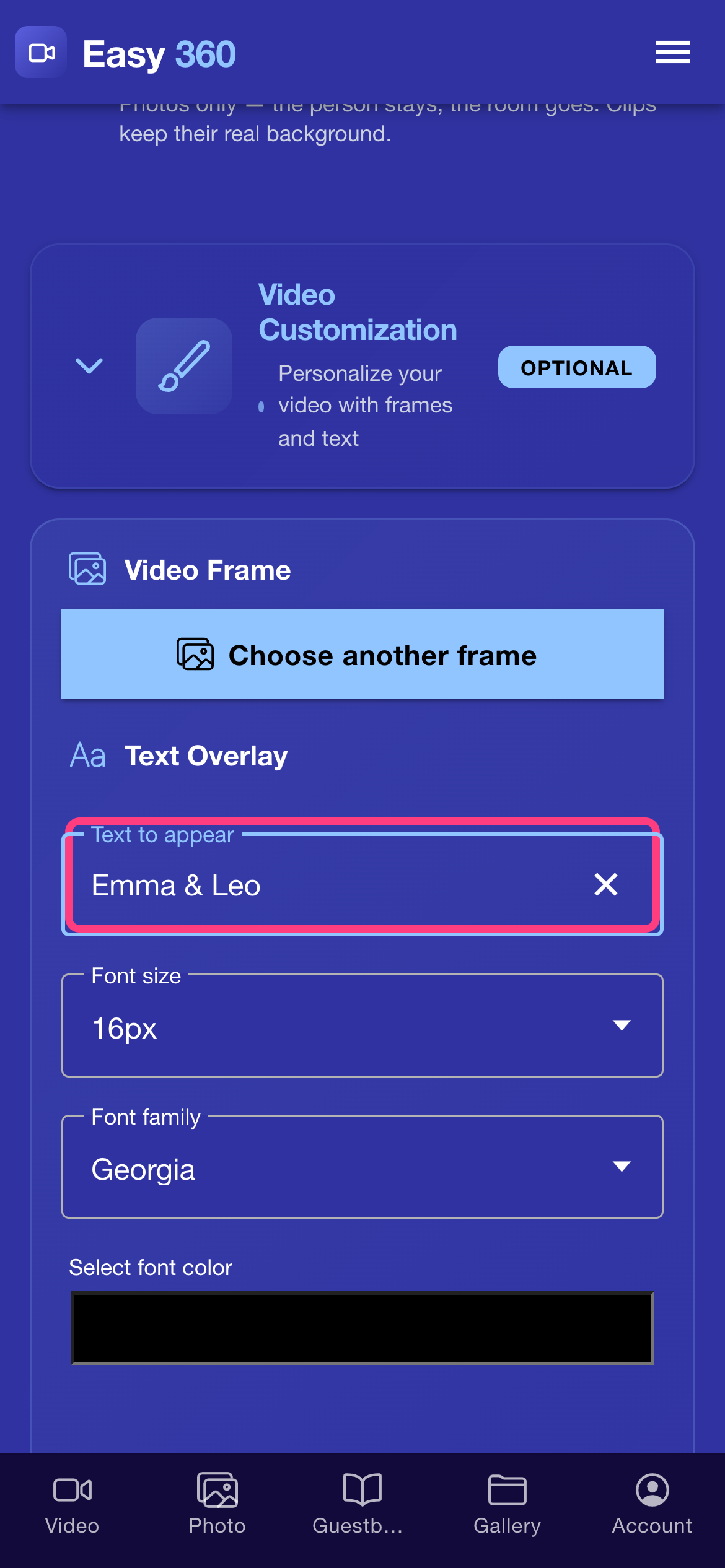 The Text Overlay field filled with the text Emma & Leo, highlighted