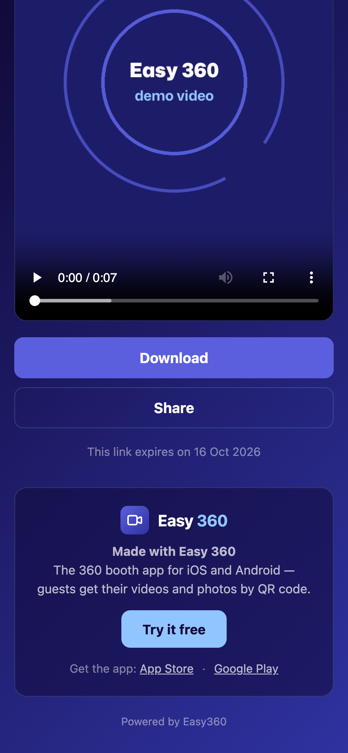 The bottom of the clip page with the Get the app row linking to the App Store and Google Play