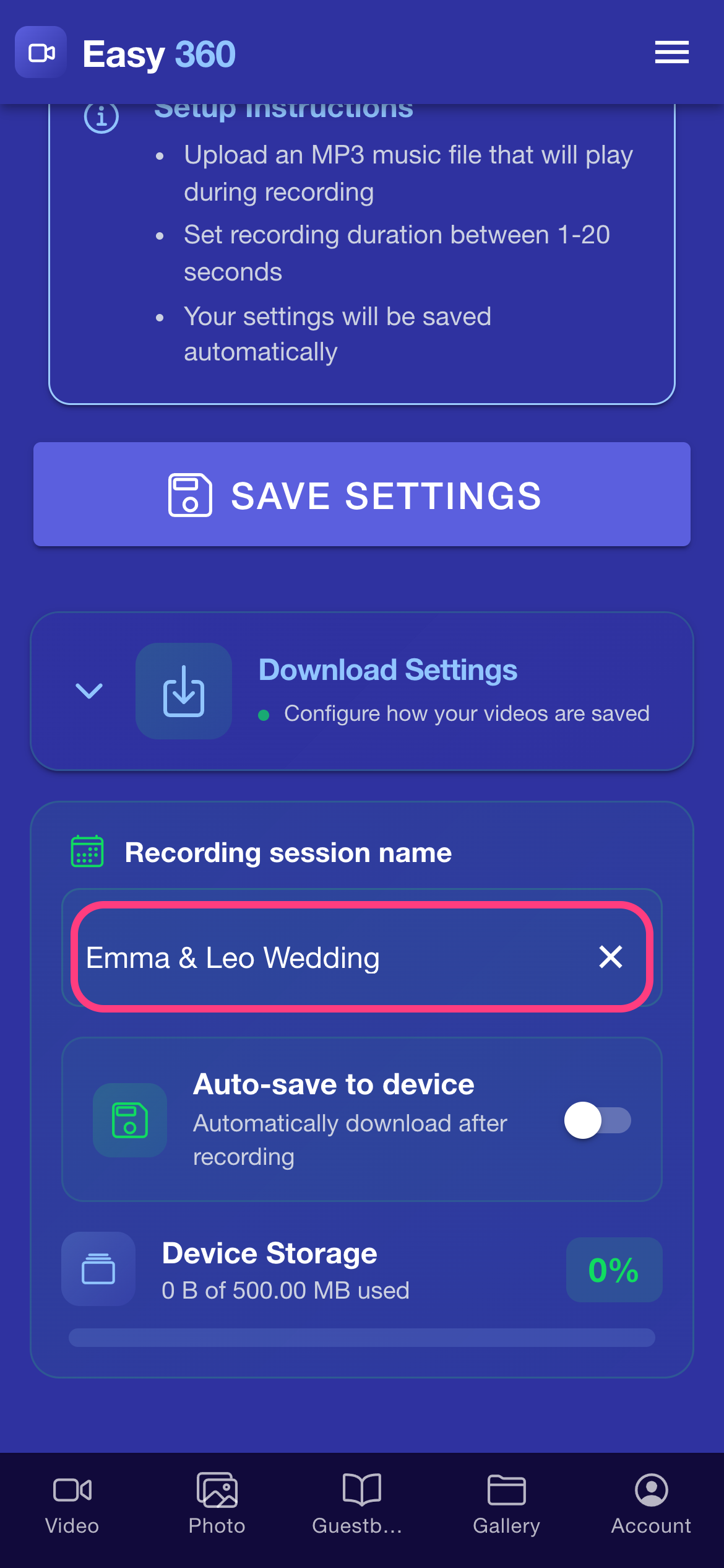 The Download Settings section with the Recording session name field highlighted and filled with Emma & Leo Wedding