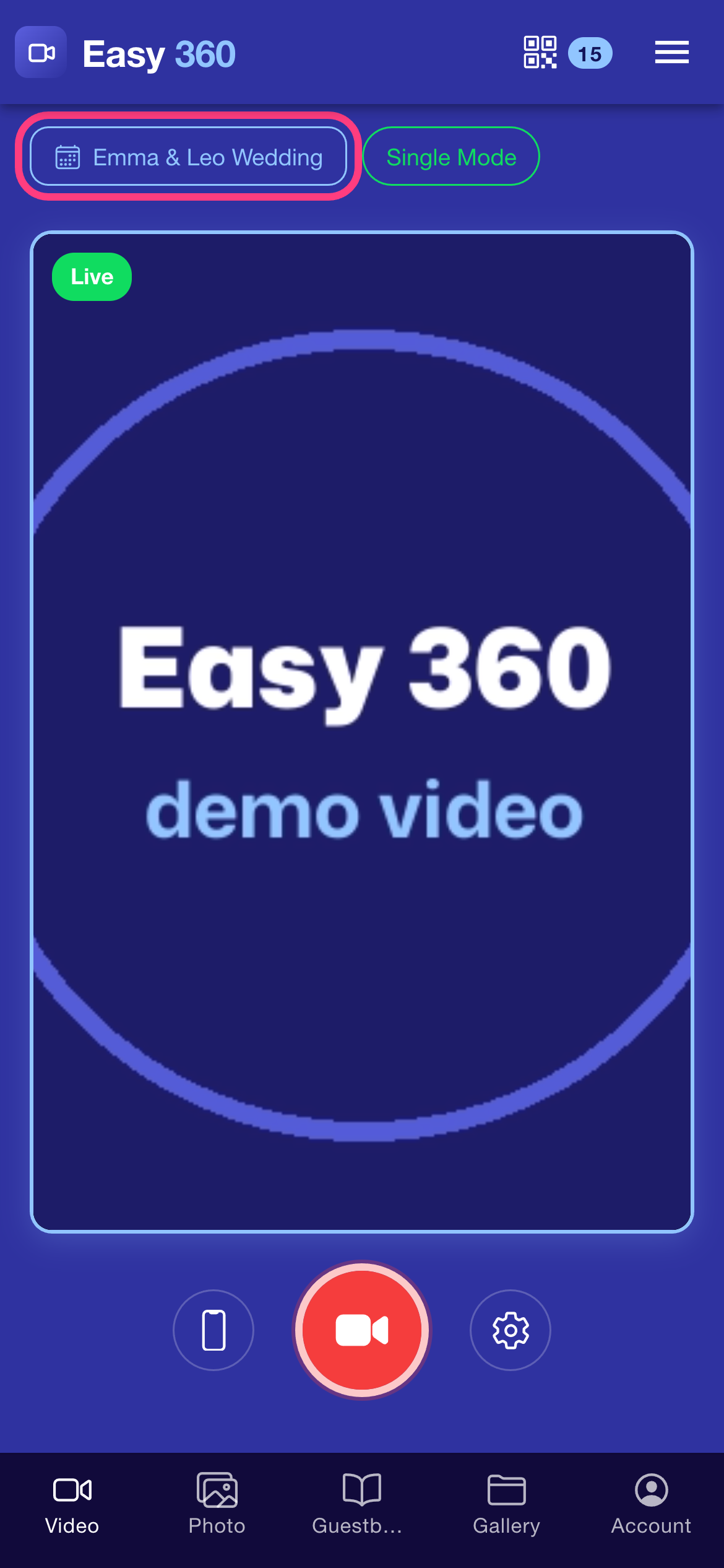 The Video tab with the event name chip Emma & Leo Wedding highlighted