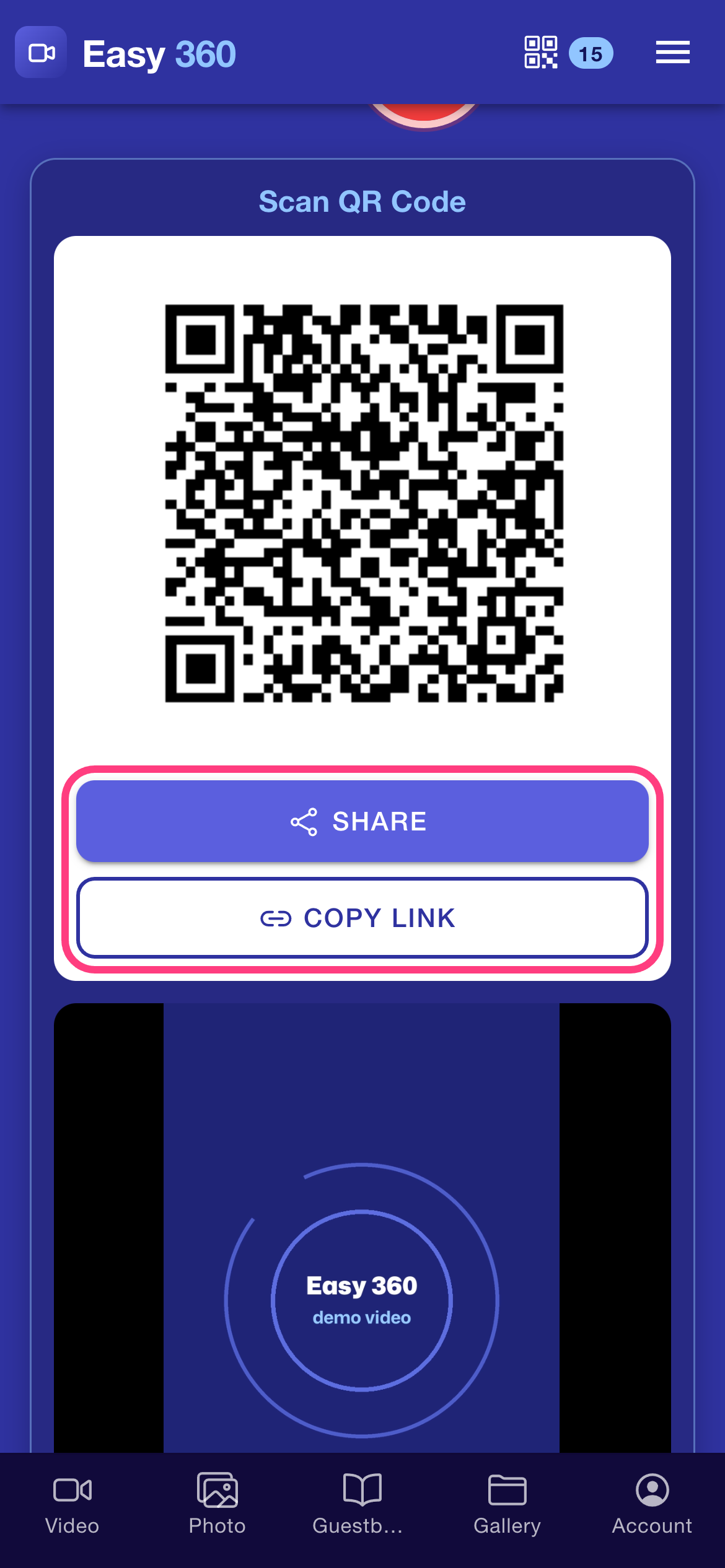 The Share and Copy link buttons below the QR code highlighted