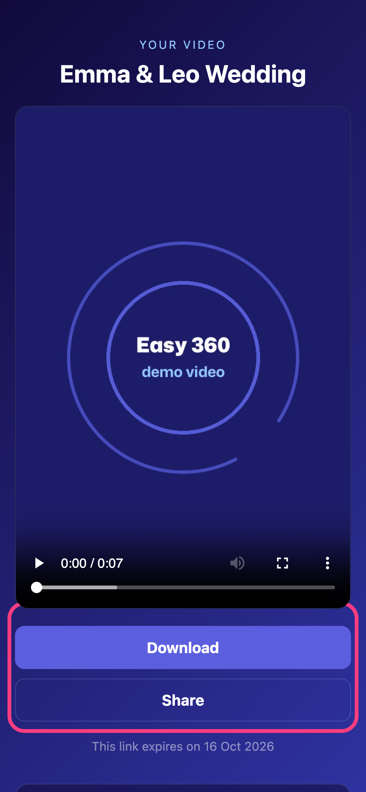 The guest's clip page with the player, Download and Share buttons highlighted