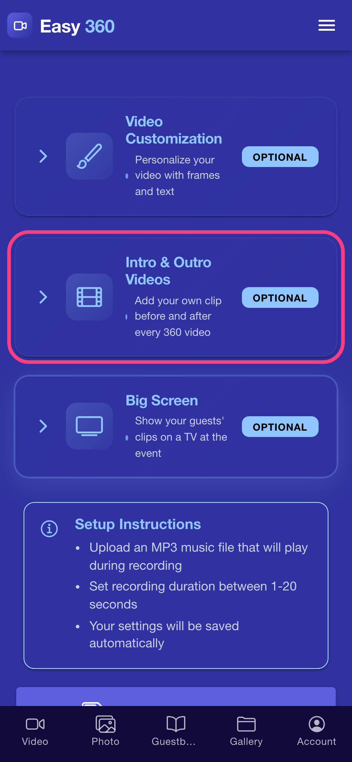 The Settings screen with the Intro & Outro Videos card highlighted