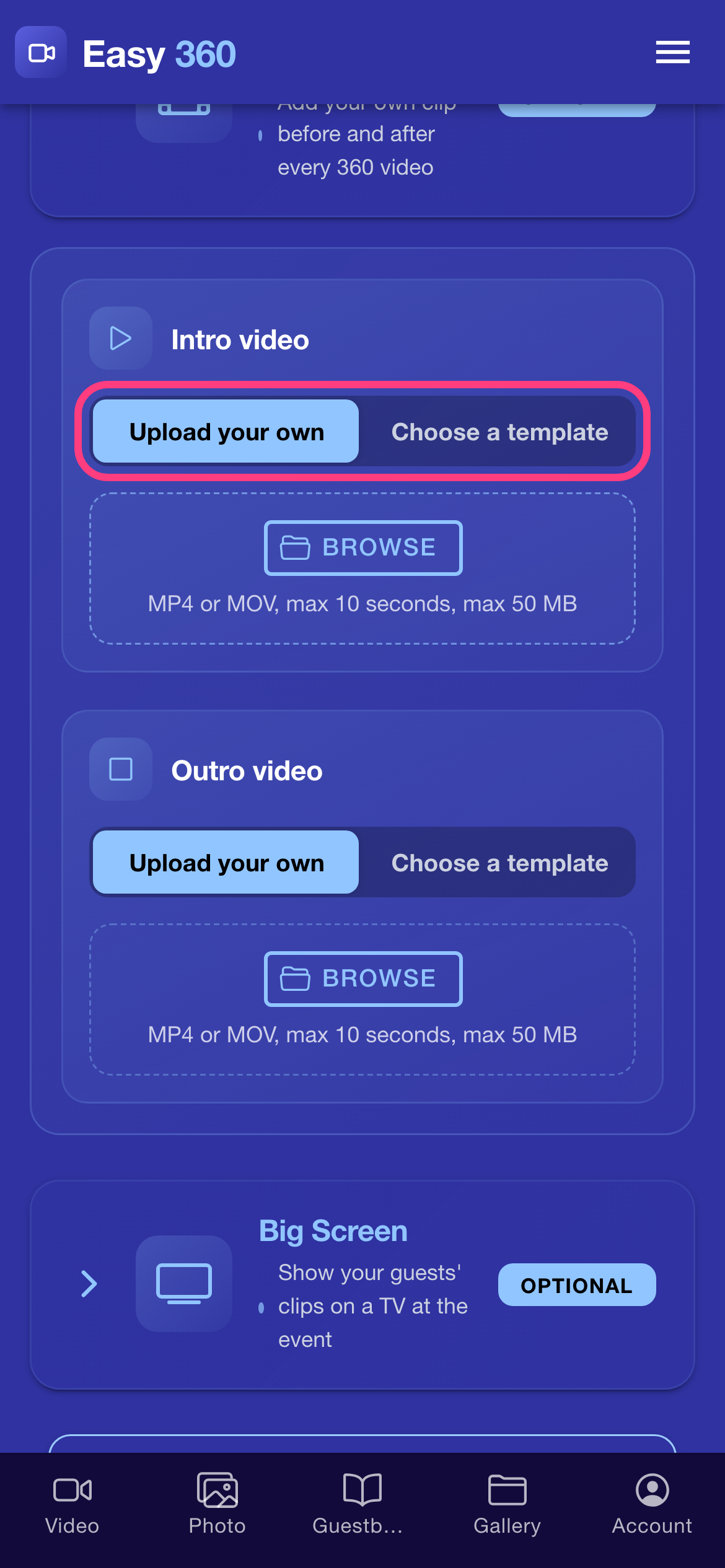 The Intro video card with the Upload your own and Choose a template switch highlighted