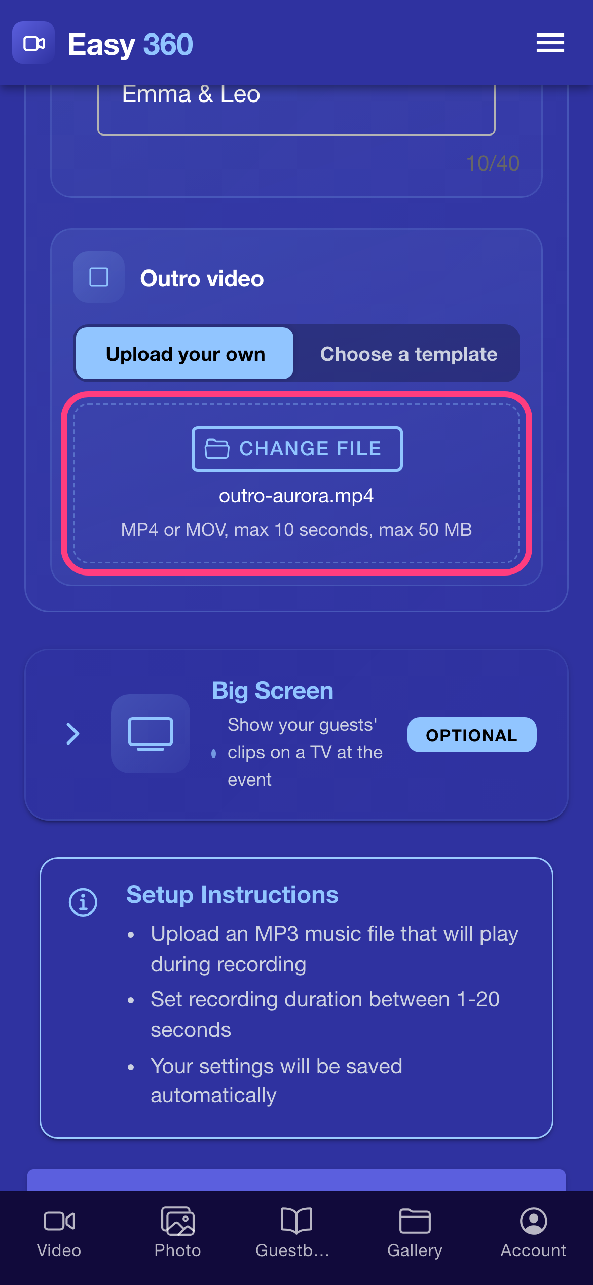 The Outro video card with the uploaded file outro-aurora.mp4 shown in the upload area