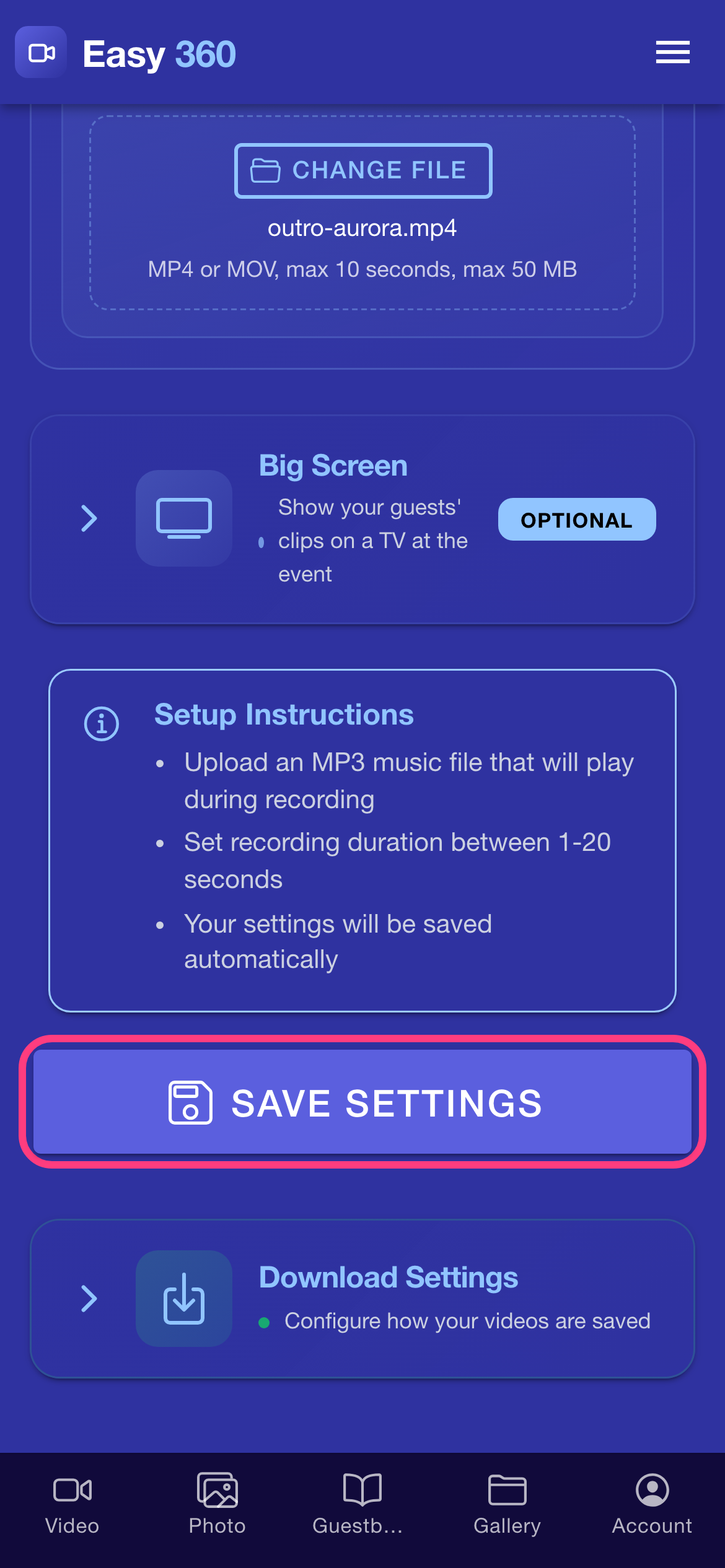 The bottom of the Settings screen with the Save Settings button highlighted