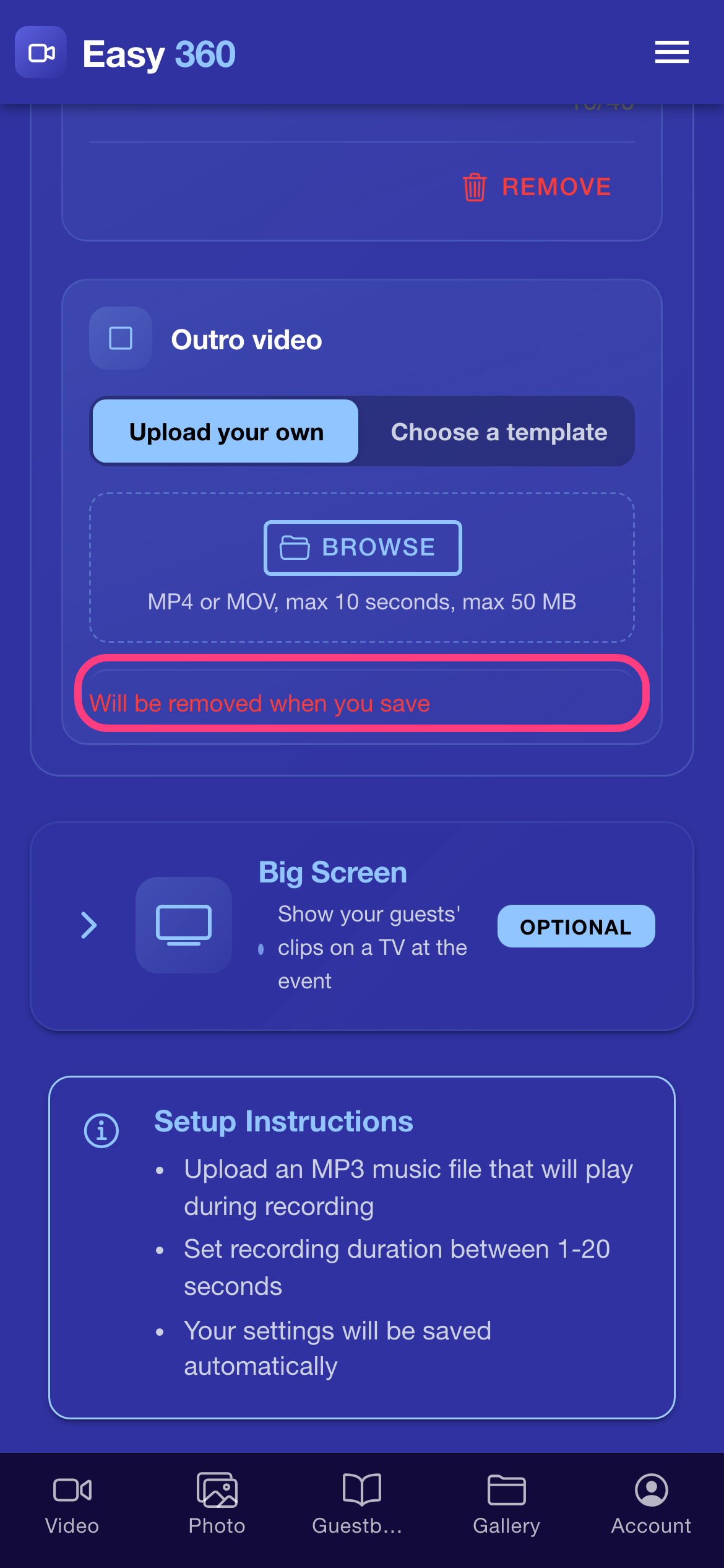 The Outro video card showing the Will be removed when you save note, highlighted