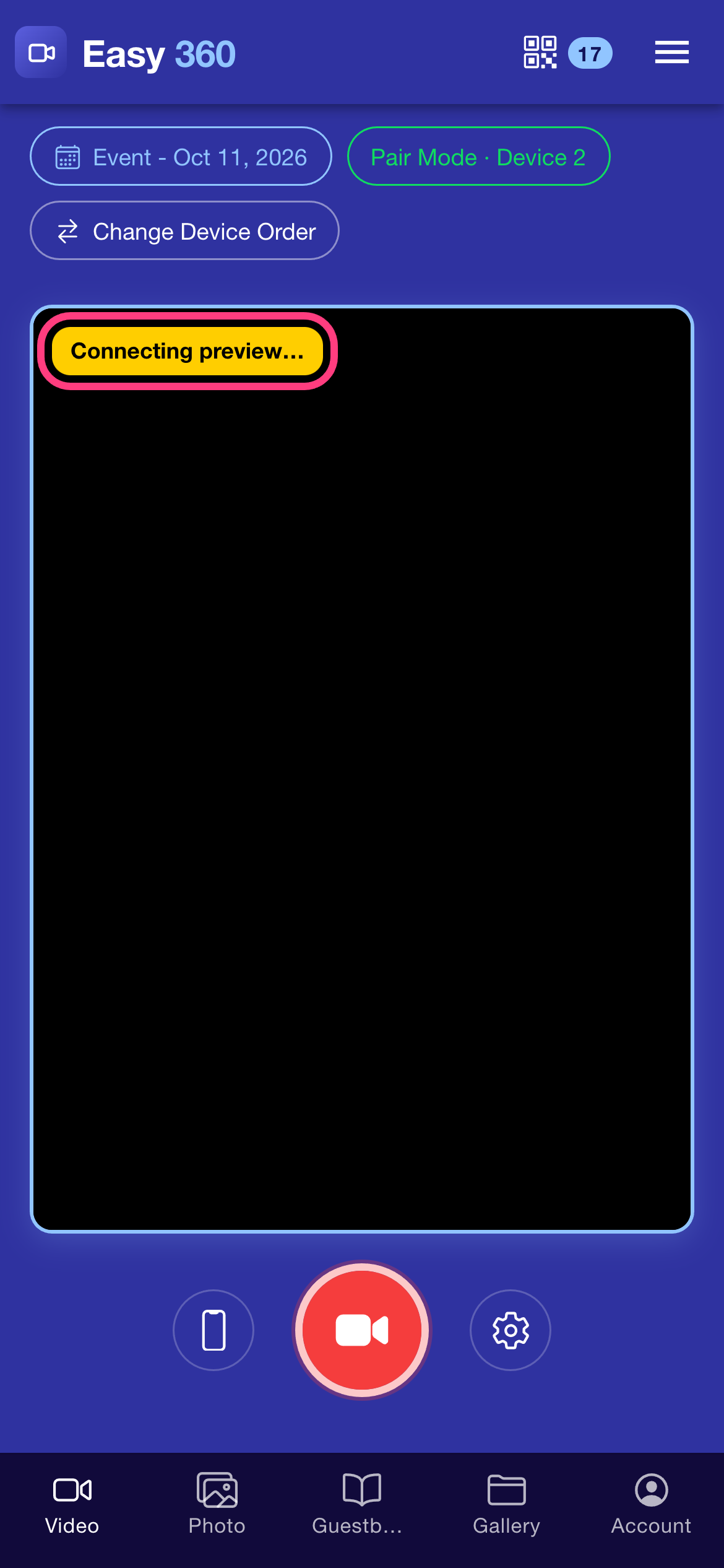 The controller phone's preview panel with the yellow Connecting preview chip highlighted