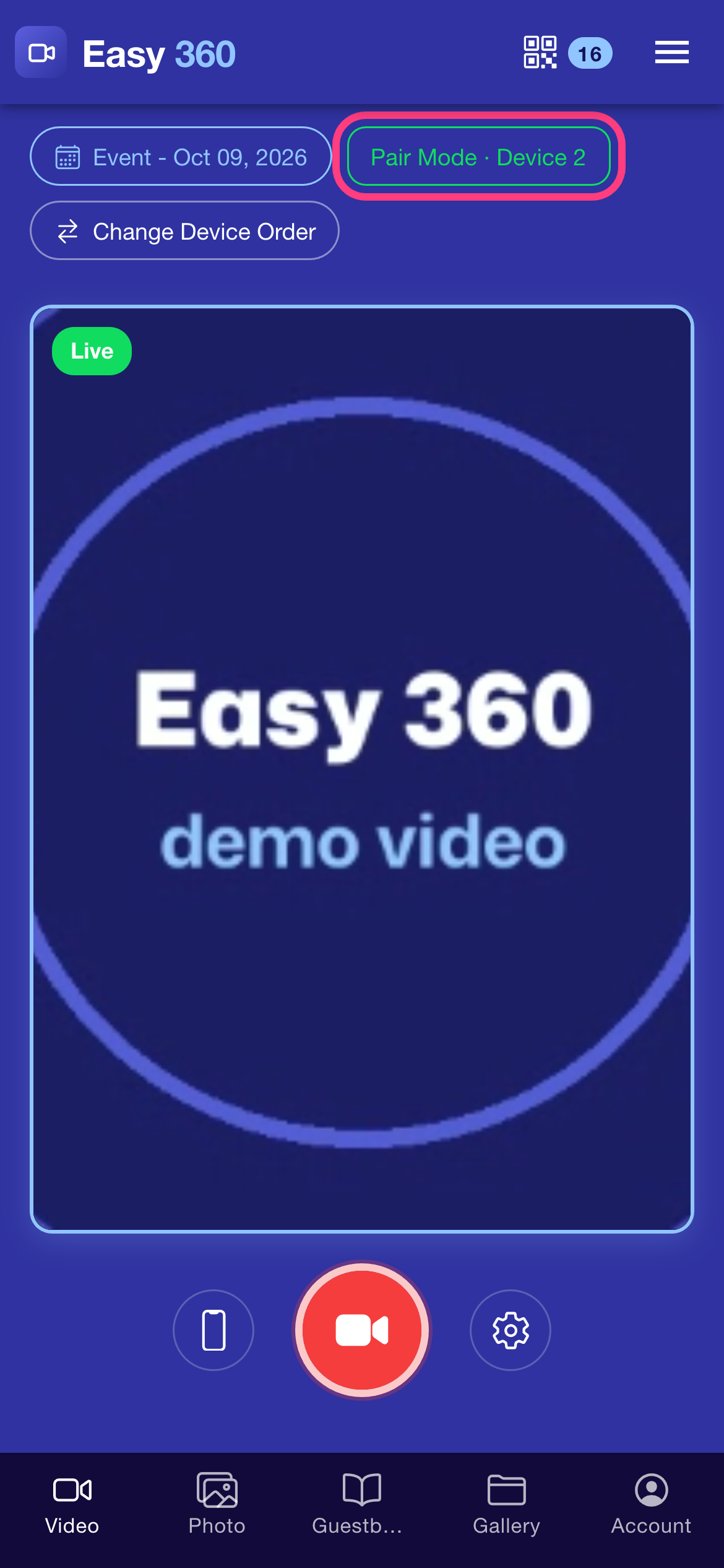 The Video tab on the second phone with the Pair Mode, Device 2 chip highlighted and a live preview below