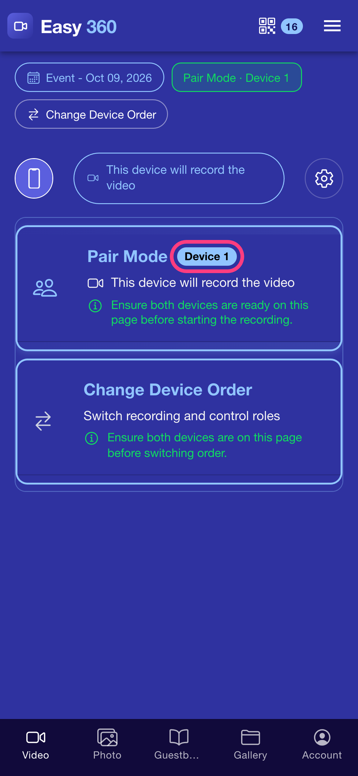 The first phone's device panel with the Device 1 badge highlighted next to This device will record the video