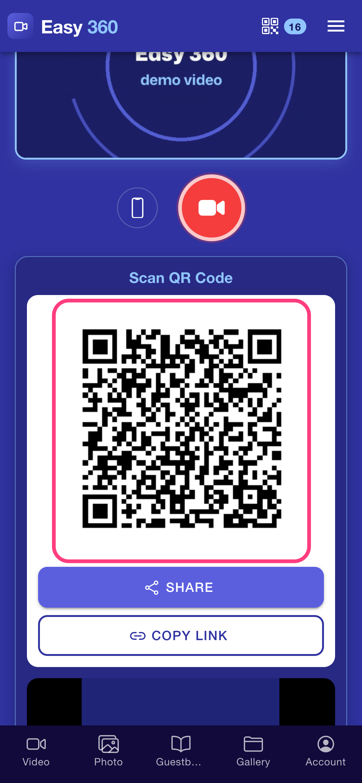 The second phone showing the Scan QR Code card with the QR code highlighted