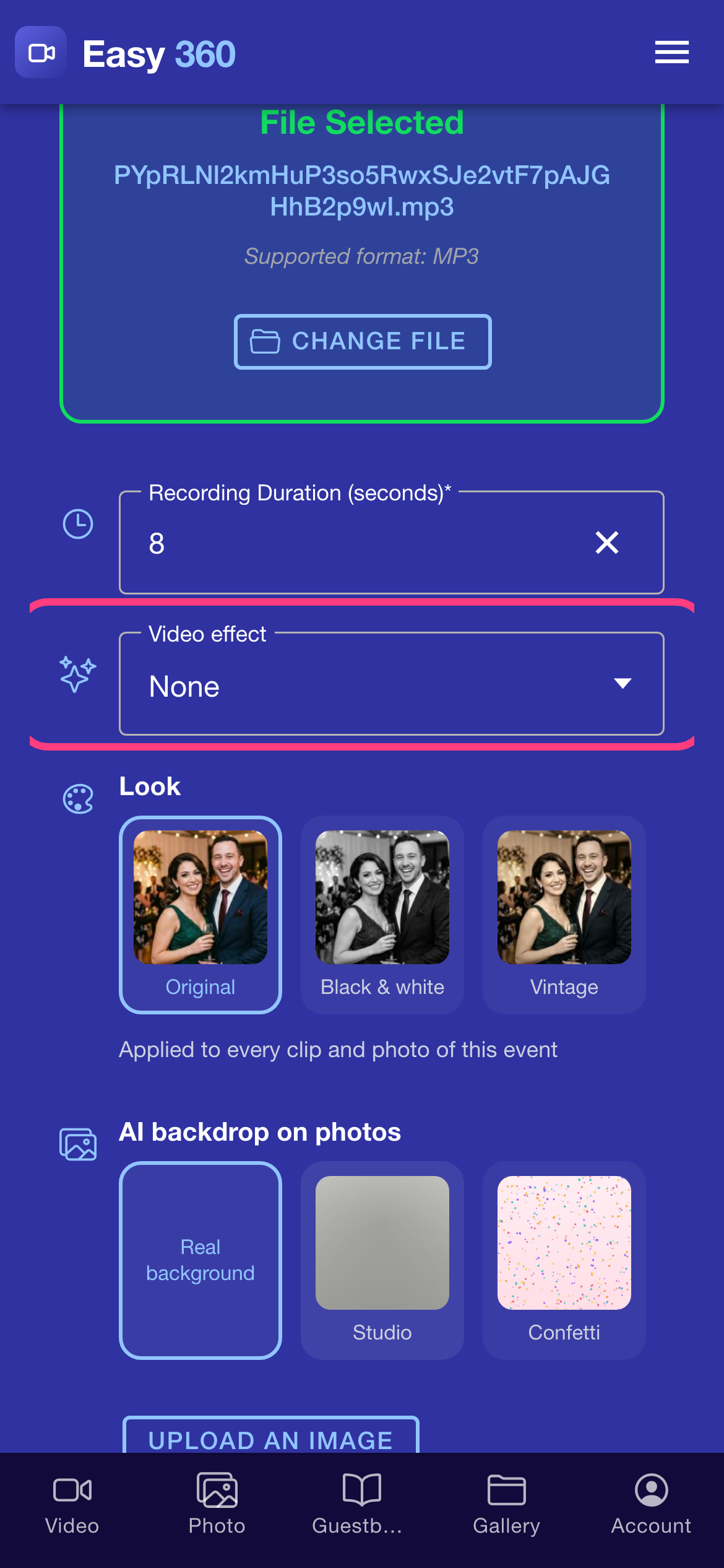 The Recording Configuration section with the Video effect field, set to None, highlighted