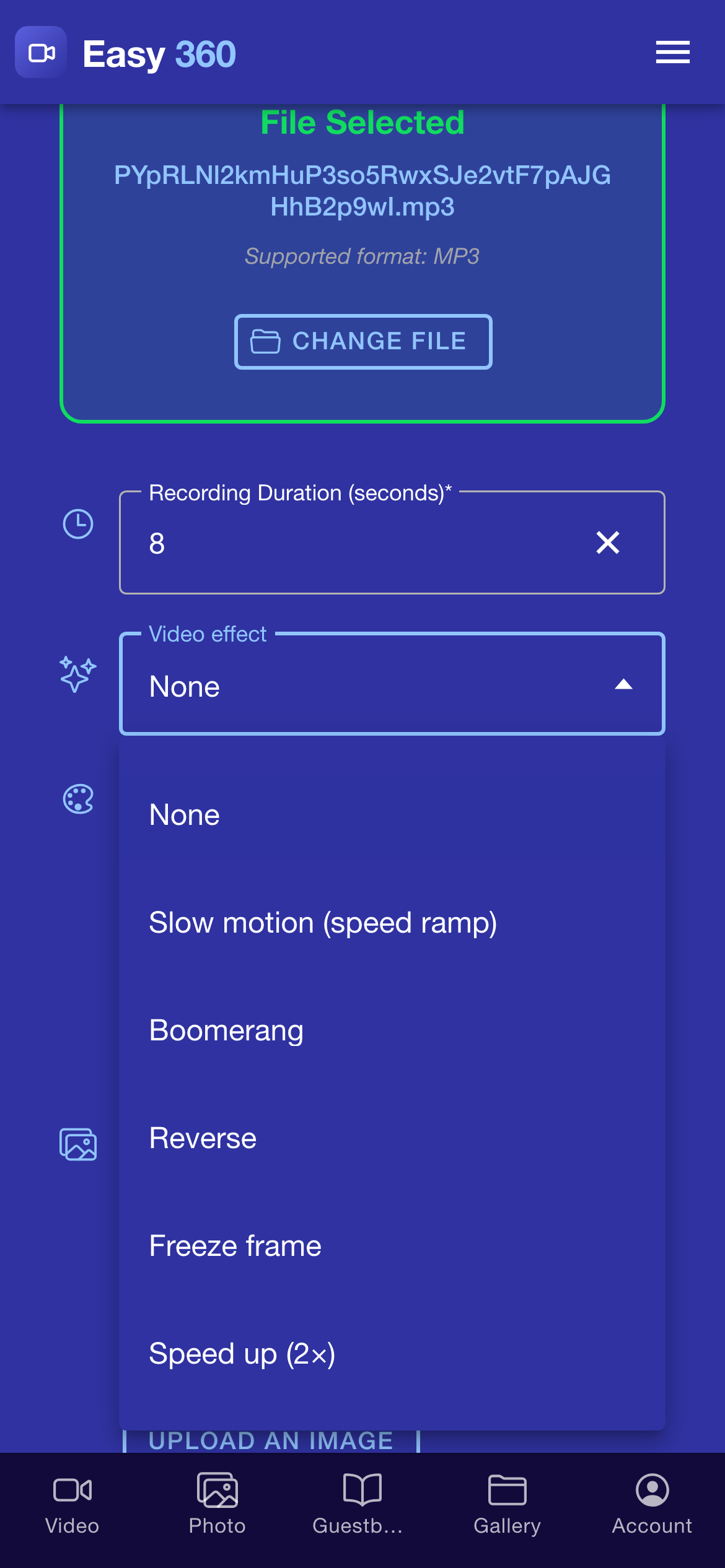 The open Video effect list showing None, Slow motion, Boomerang, Reverse, Freeze frame and Speed up