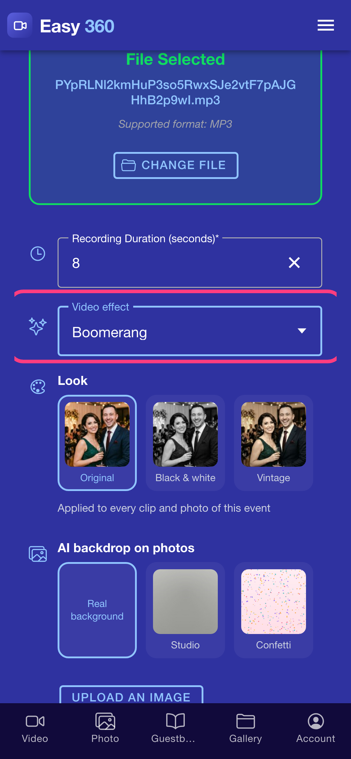 The Video effect field showing Boomerang, highlighted