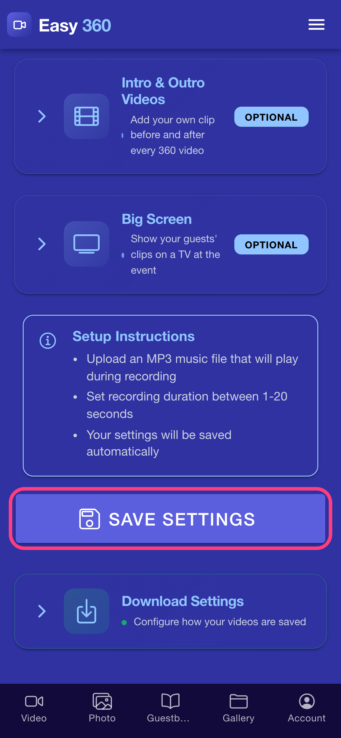 The bottom of the Settings screen with the Save Settings button highlighted