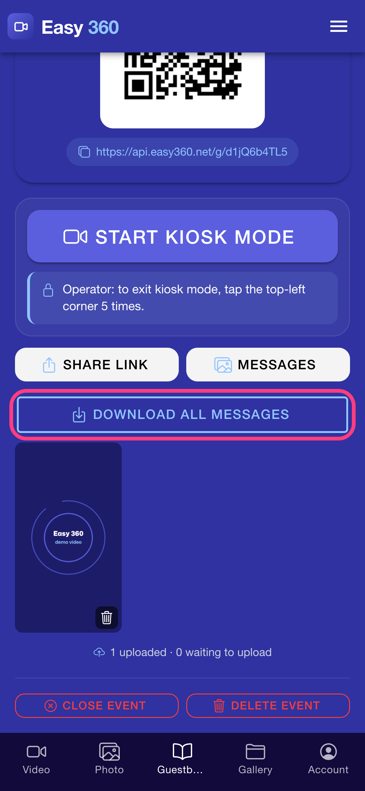 The messages list with the Download all messages button highlighted above a message thumbnail
