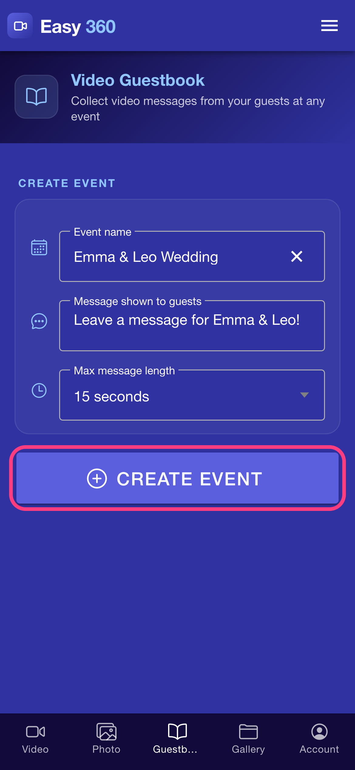 The Create event button highlighted under the filled-in form