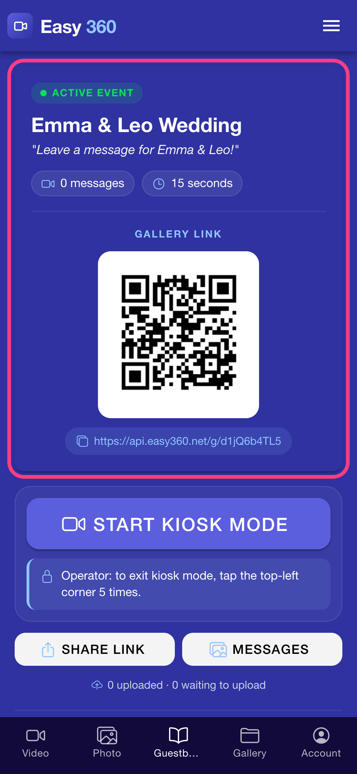 The Active event card for Emma & Leo Wedding with the gallery QR code, highlighted