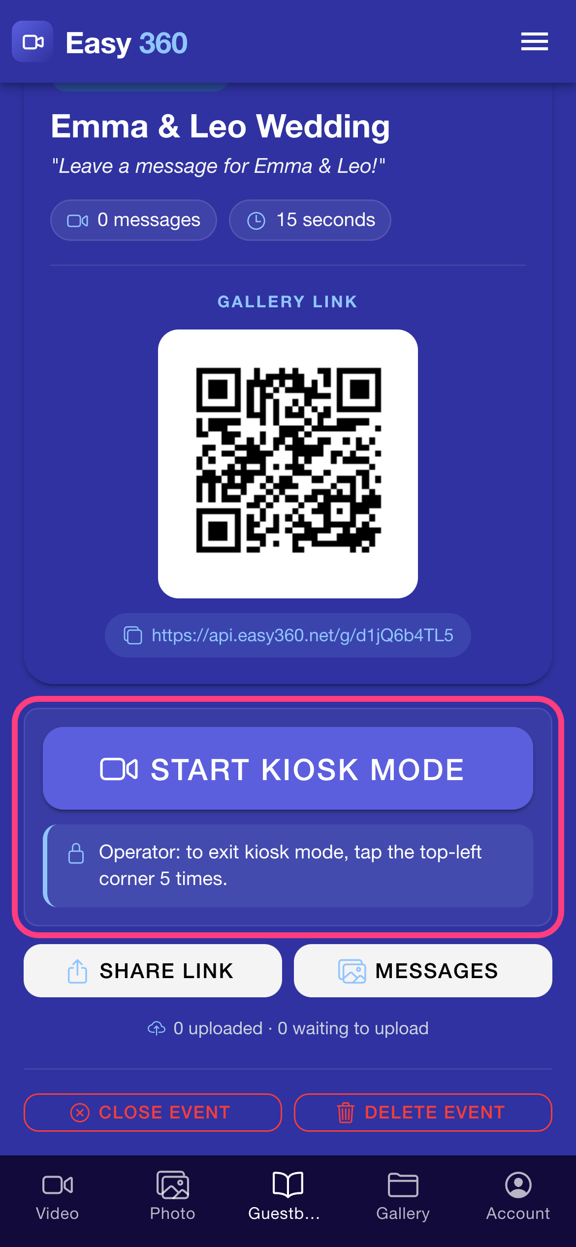 The Start kiosk mode button and the operator exit note under it, highlighted