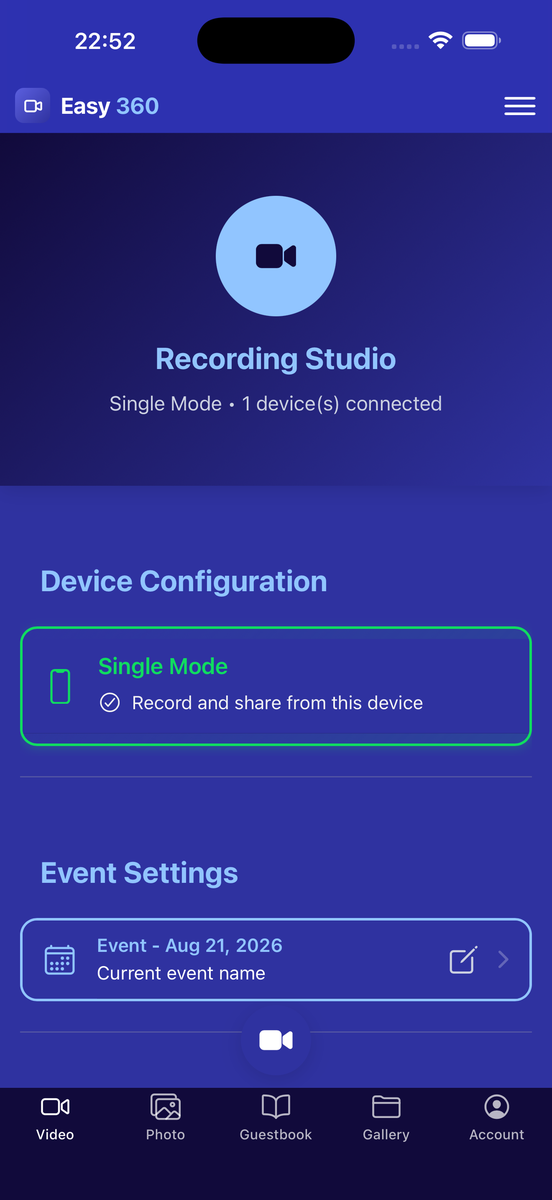 Easy360 Recording Studio screen on iPhone, set to Single Mode — record and share 360° video from one device