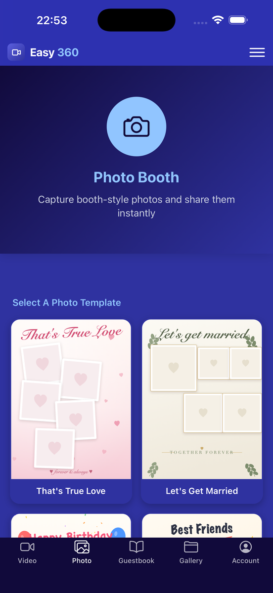 Easy360 Photo Booth mode on iPhone, showing the photo template picker