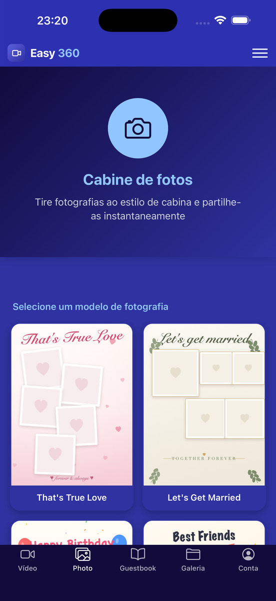 Modo cabine de fotos do Easy 360 com o seletor de modelos num iPhone