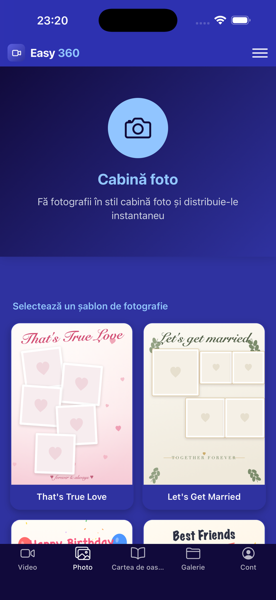 Modul cabină foto din Easy 360, cu selectorul de șabloane, pe iPhone