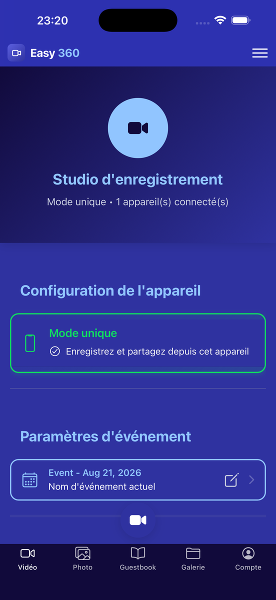 Studio d'enregistrement d'Easy 360 en mode simple sur iPhone