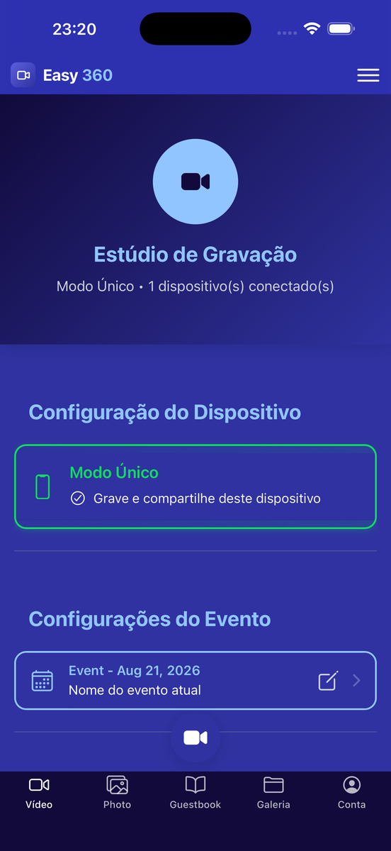 Estúdio de gravação do Easy 360 em modo individual num iPhone